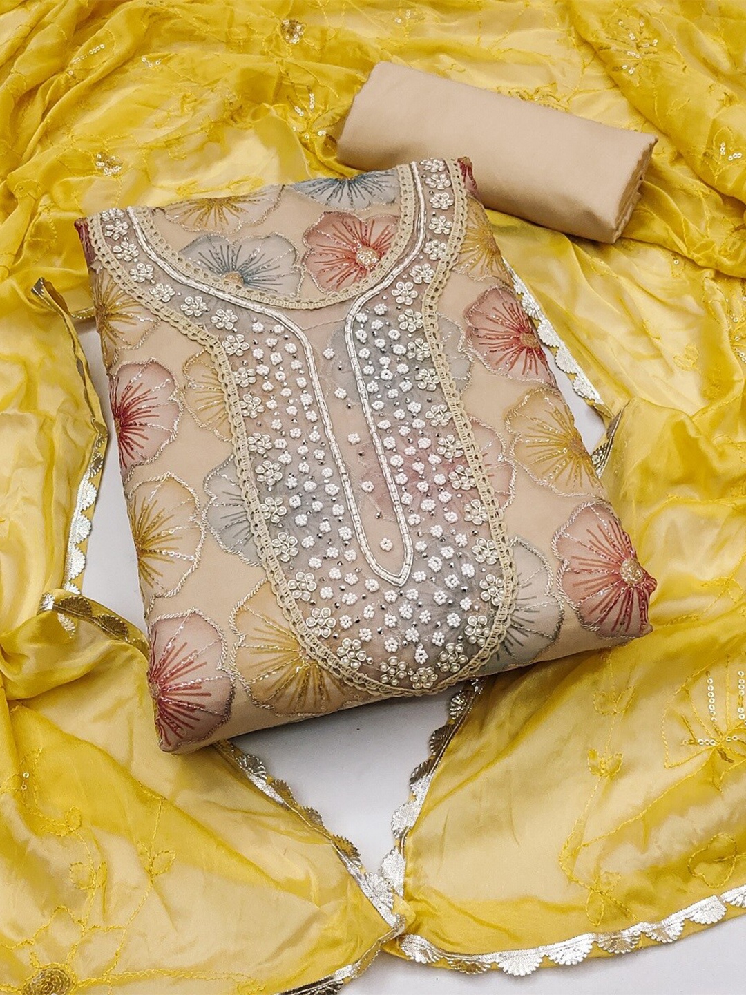 

MAHALASA Floral Embroidered Unstitched Dress Material, Yellow