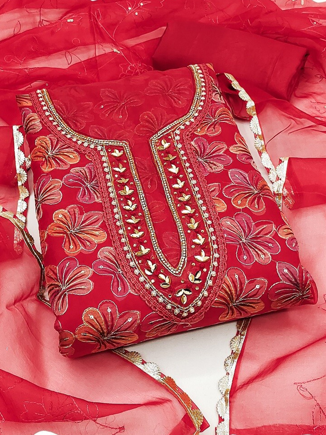 

MAHALASA Embroidered Unstitched Dress Material, Red