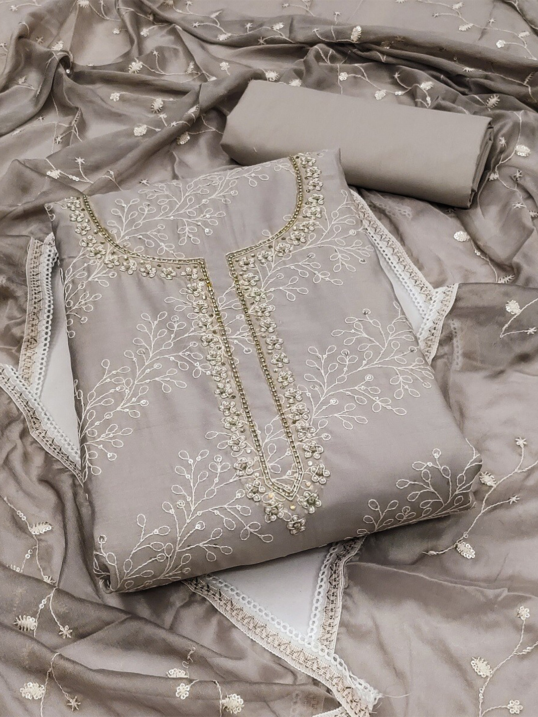 

MAHALASA Ethnic Motifs Embroidered Unstitched Dress Material, Grey