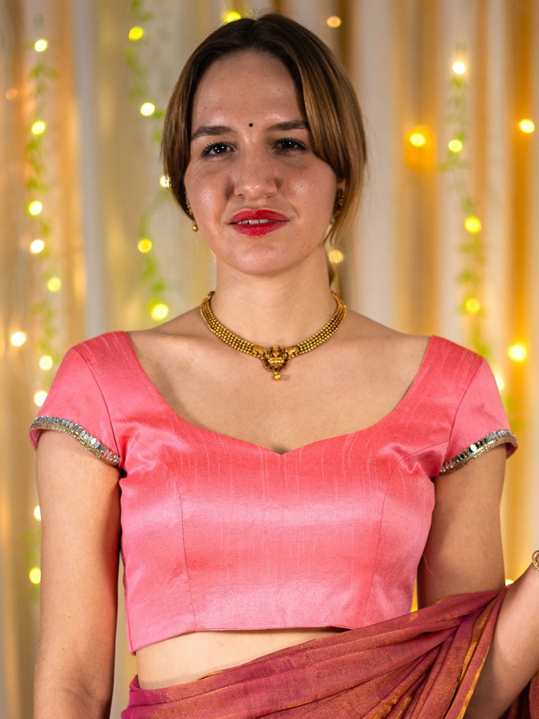 

I LOVE SAREES Sweetheart Neck Cap Sleeves Mirror Work Padded Readymade Saree Blouse, Pink