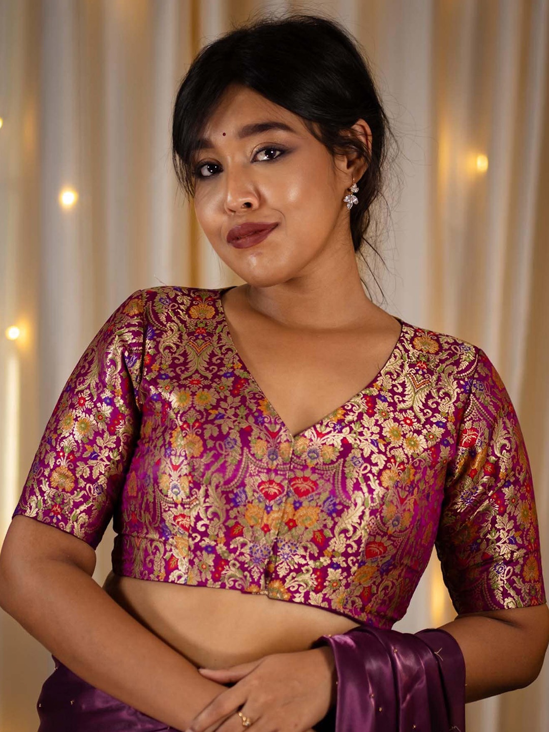 

I LOVE SAREES Woven Design V-Neck Banarasi Silk Readymade Saree Blouse, Purple