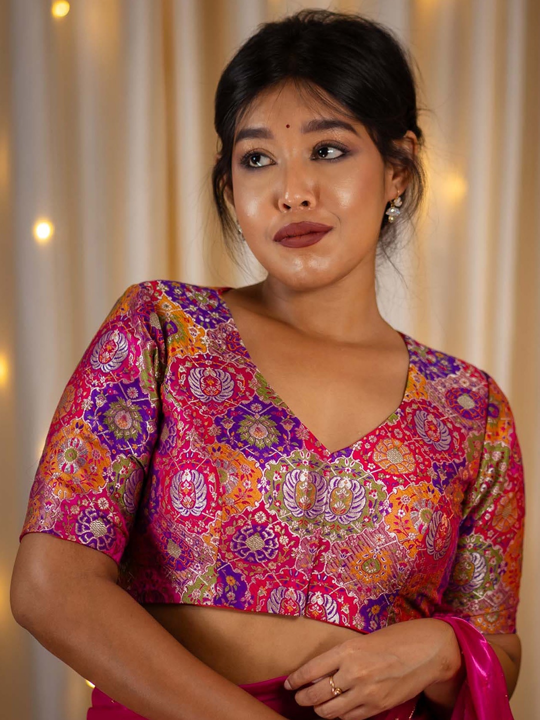 

I LOVE SAREES Woven Design Banarasi Saree Blouse, Pink
