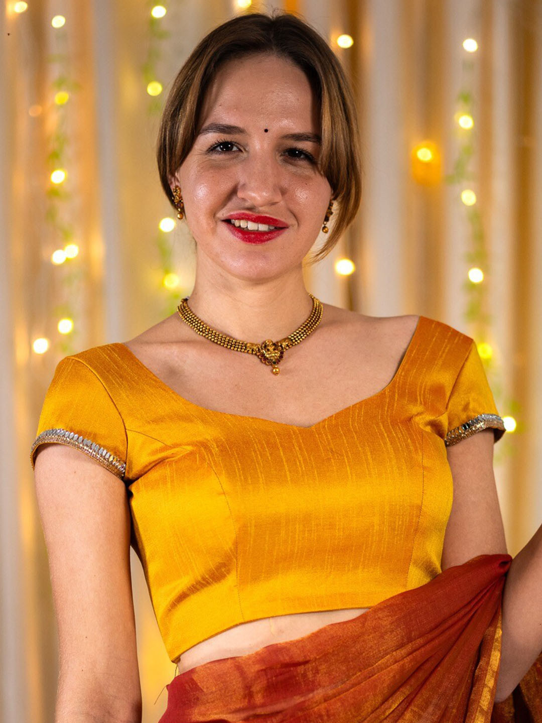 

I LOVE SAREES Sweetheart Neck Cap Sleeves Mirror Work Padded Readymade Saree Blouse, Mustard