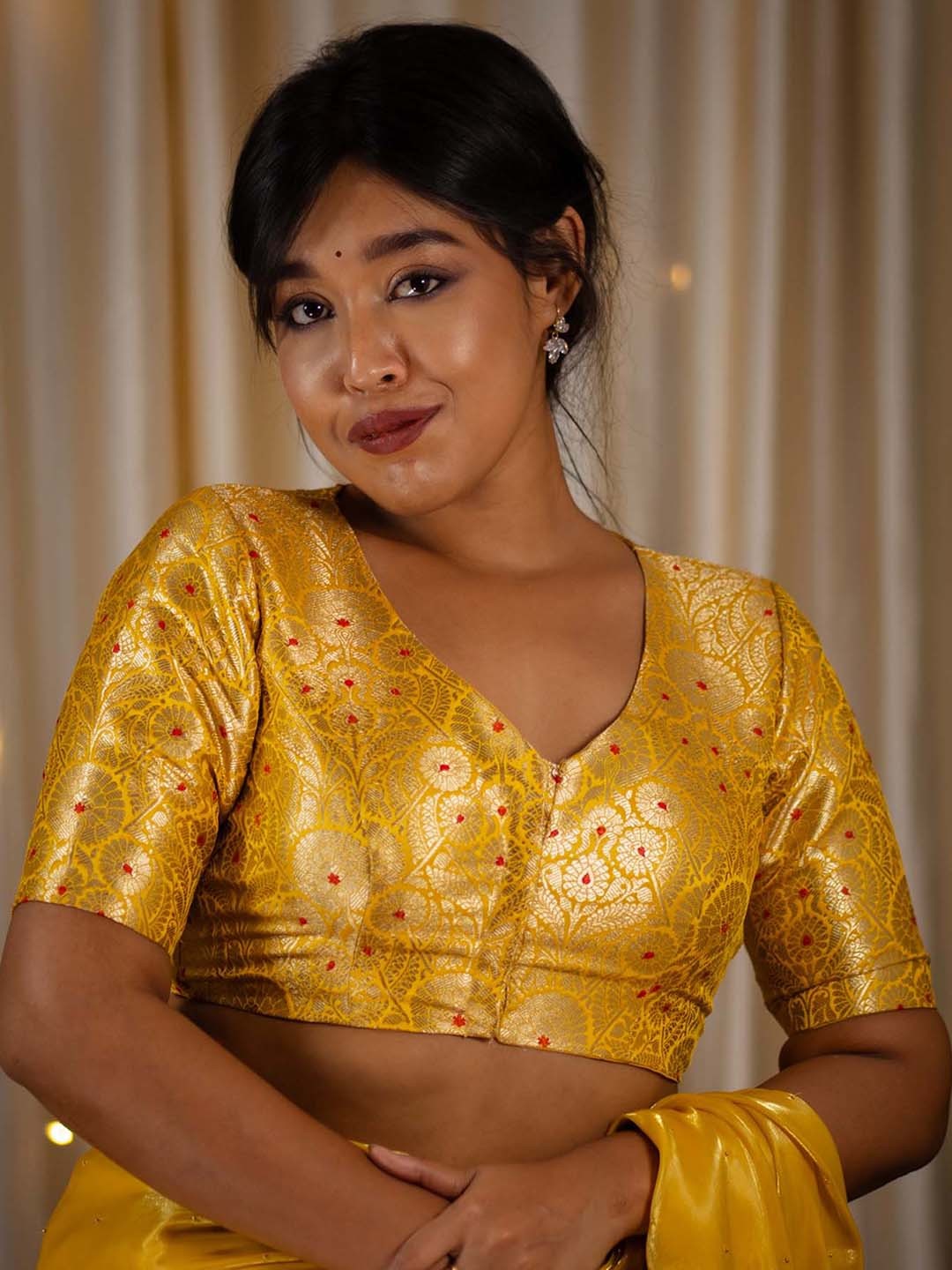 

I LOVE SAREES Woven Design V-Neck Silk Banarasi Saree Blouse, Yellow