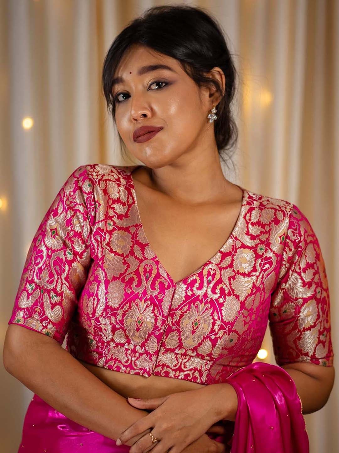 

I LOVE SAREES Woven Design Padded Readymade Saree Blouse, Pink