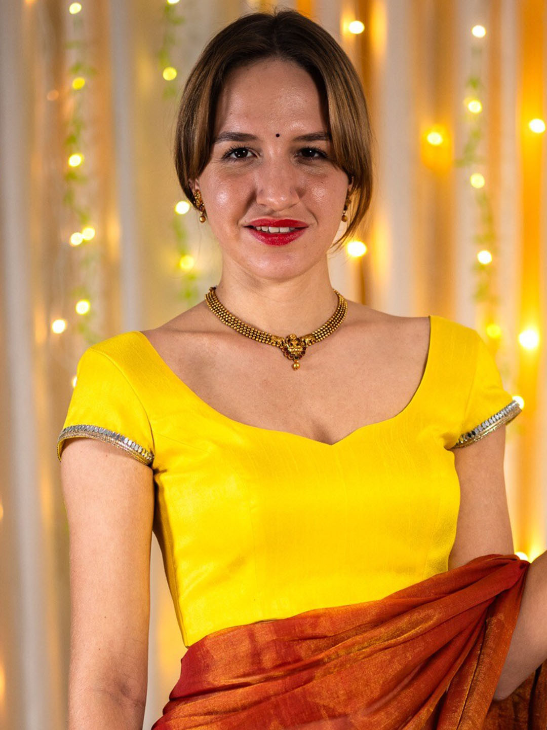 

I LOVE SAREES Cap Sleeves Silk Readymade Saree Blouse, Yellow