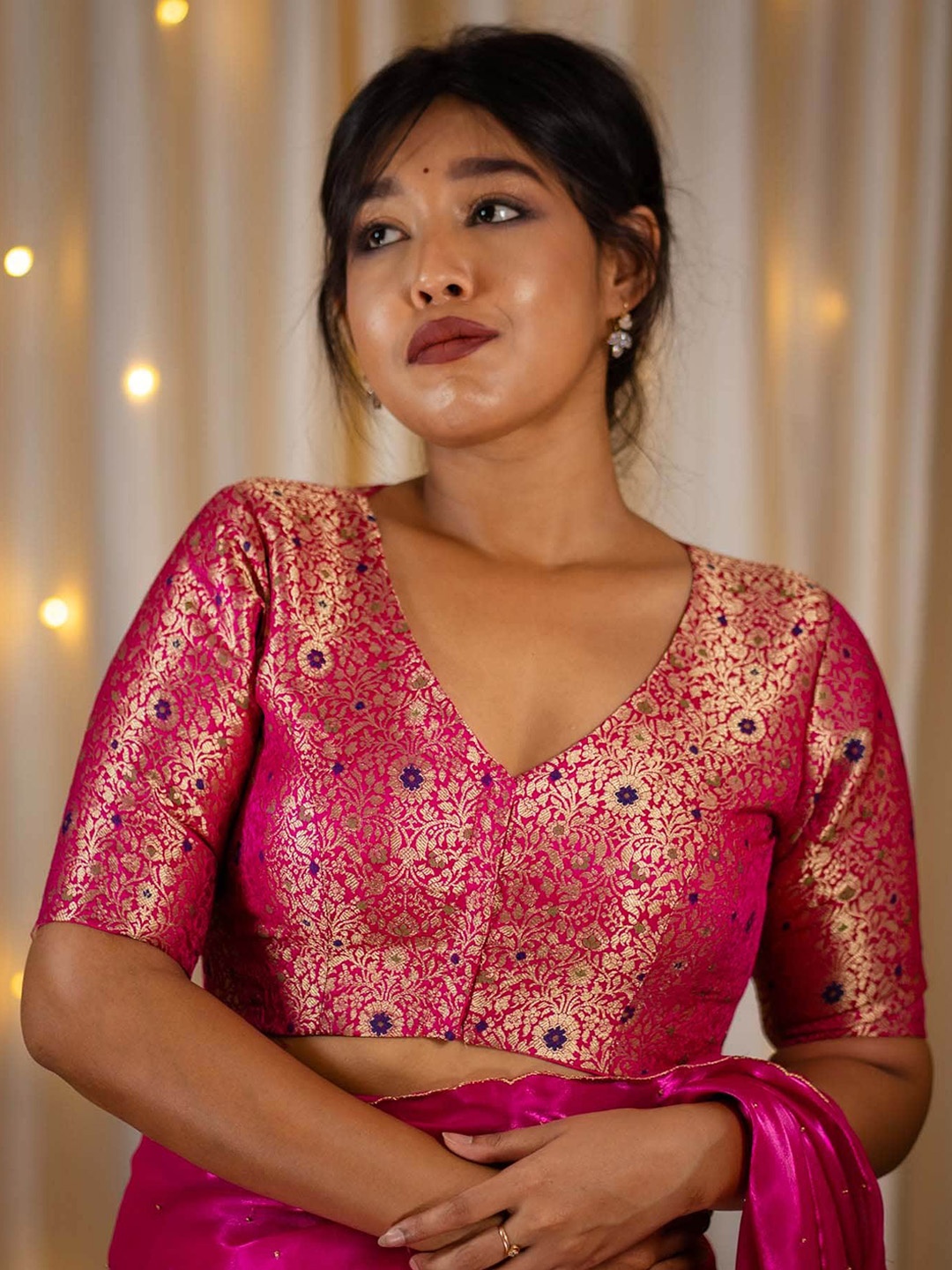 

I LOVE SAREES Woven Design V-Neck Brocade Banarasi Silk Saree Blouse, Pink