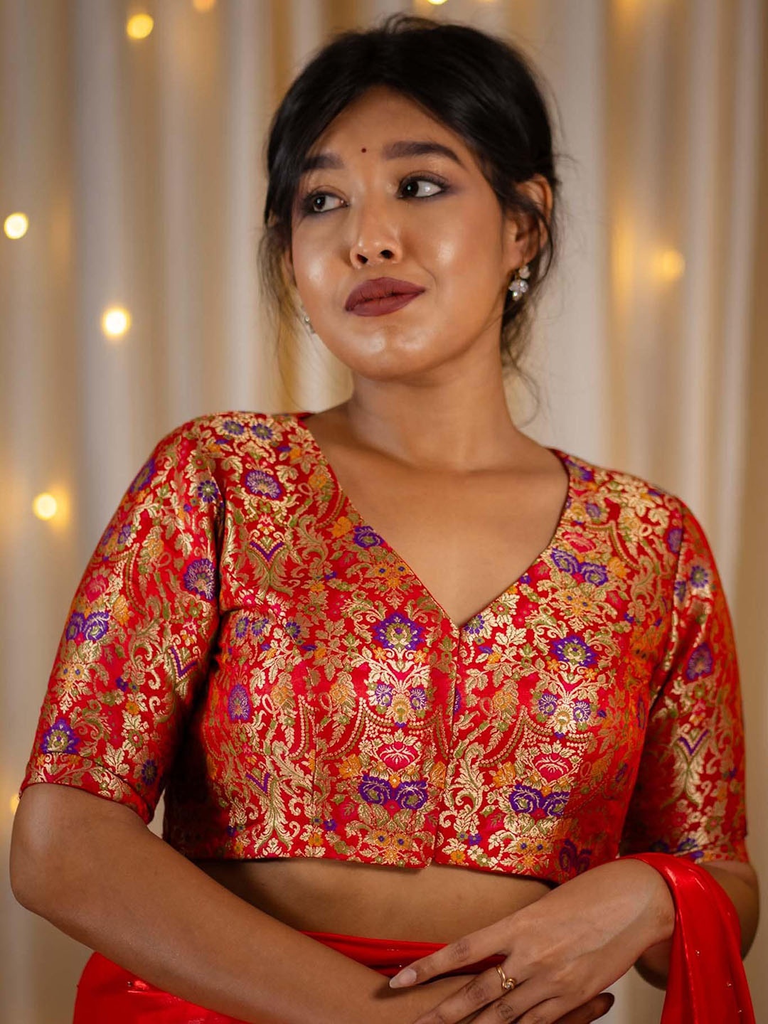 

I LOVE SAREES Ethnic Motifs Woven Design Saree Blouse, Red