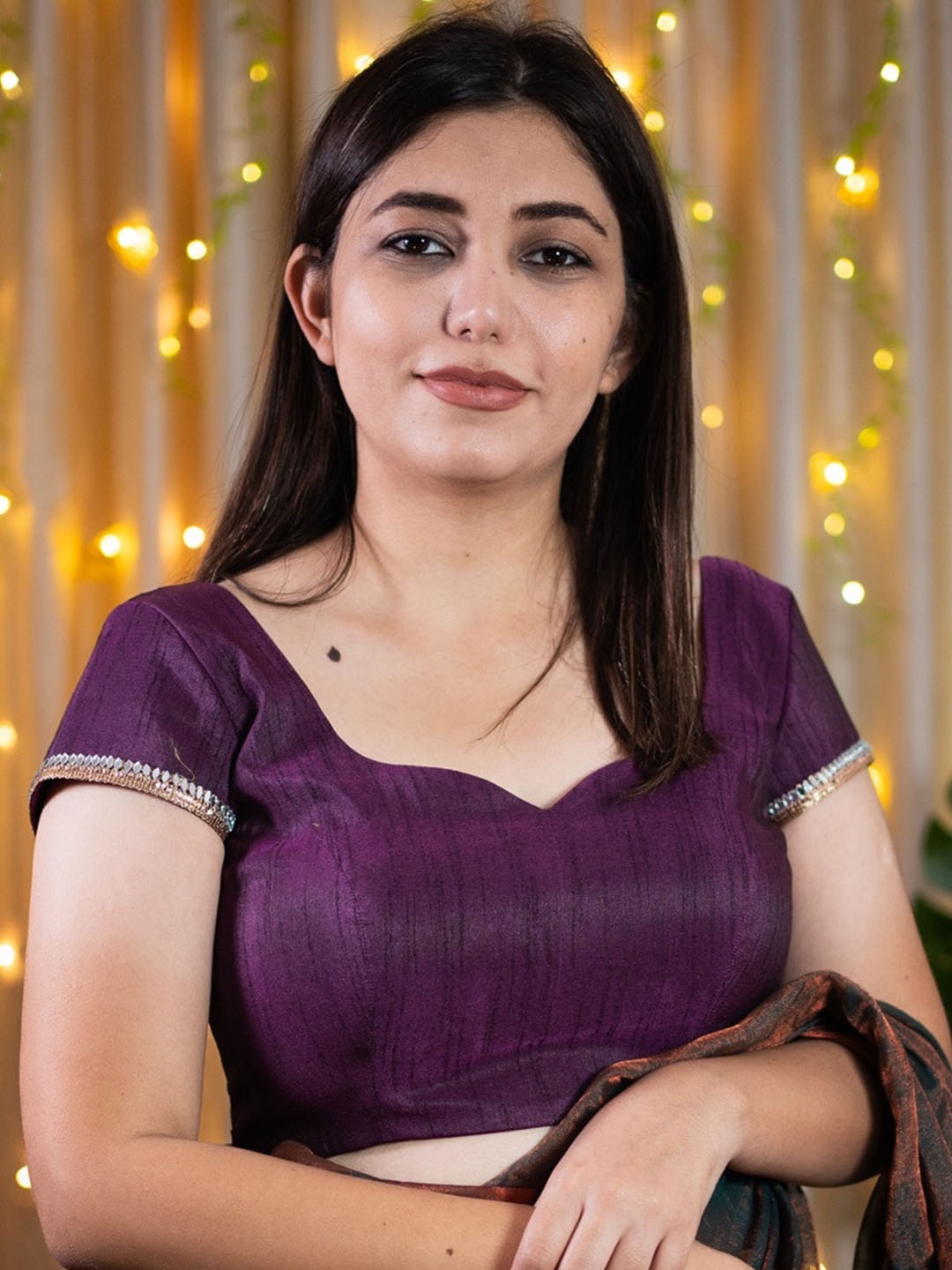 

I LOVE SAREES Sequinned Silk Saree Blouse, Purple