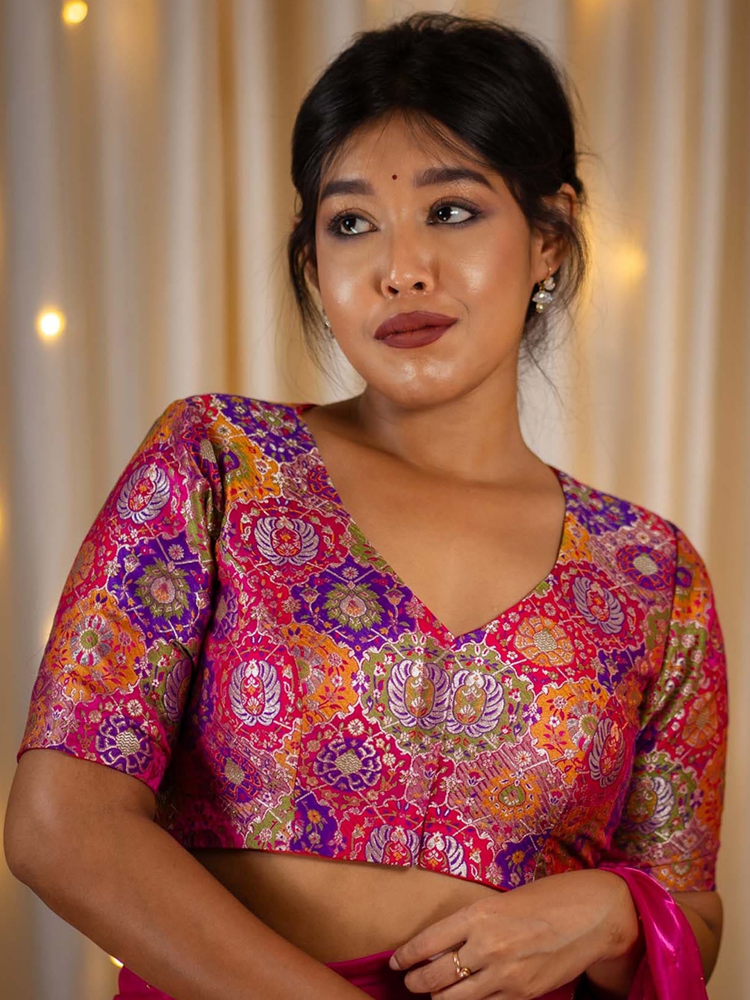 

I LOVE SAREES Printed Banarasi Readymade Saree Blouse, Pink
