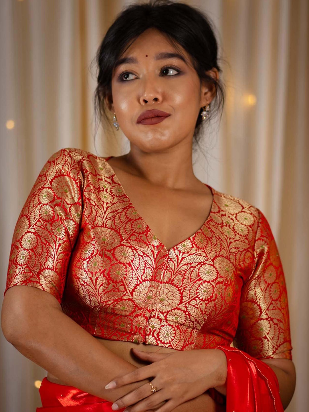 

I LOVE SAREES Embroidered Banarasi Readymade Saree Blouse, Red