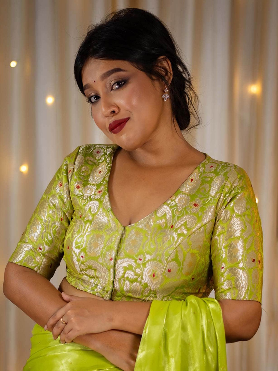 

I LOVE SAREES Embroidered Banarasi Readymade Saree Blouse, Green