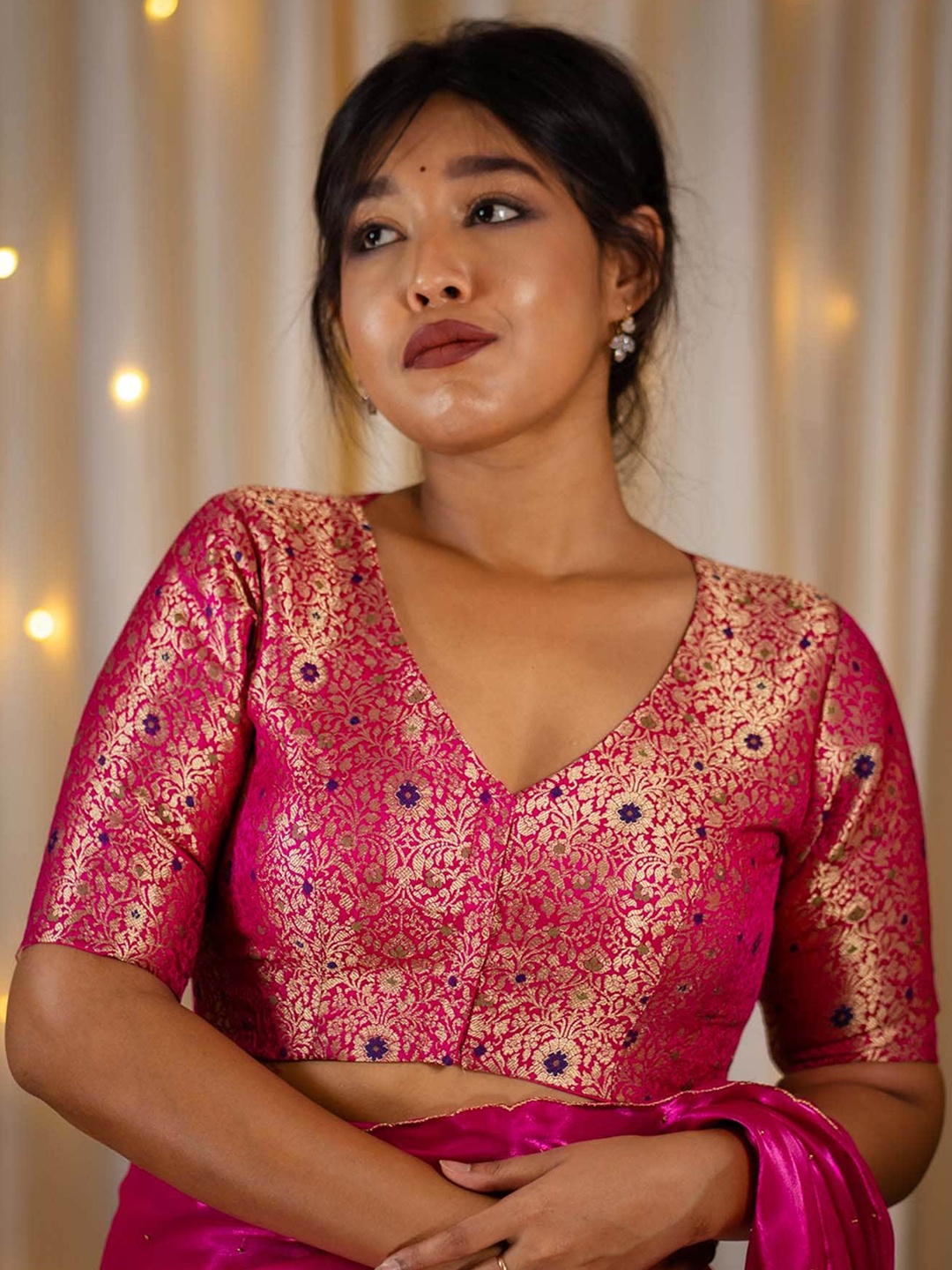 

I LOVE SAREES Woven Design Brocade Padded Readymade Banarasi Silk Saree Blouse, Pink
