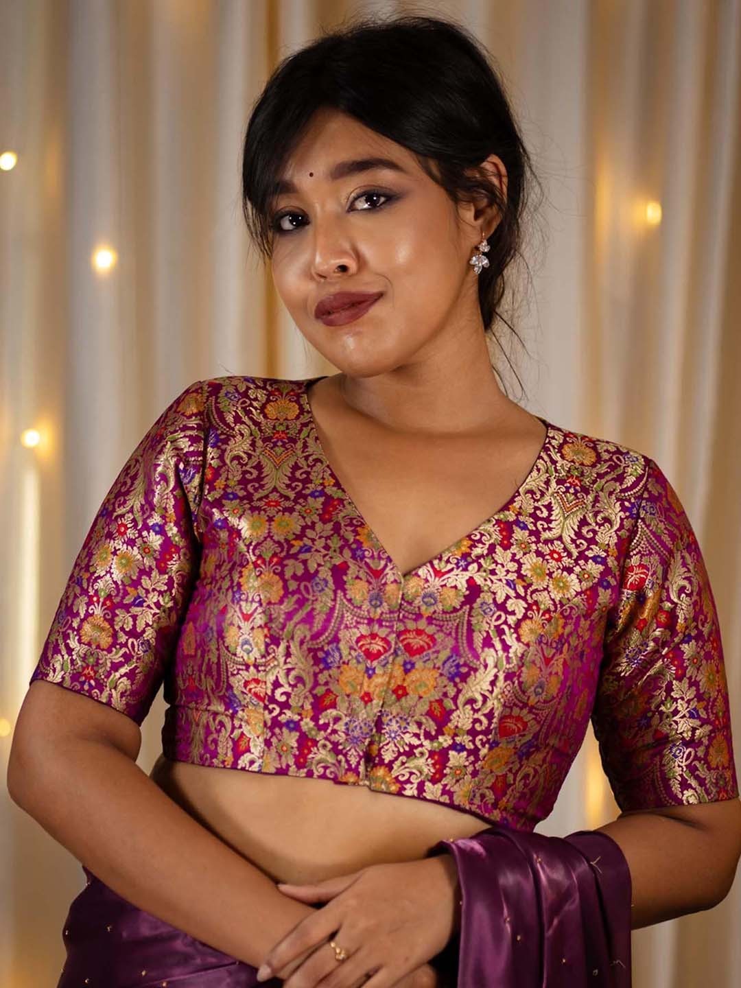 

I LOVE SAREES Woven Design V-Neck Short Sleeve Saree Blouse, Purple