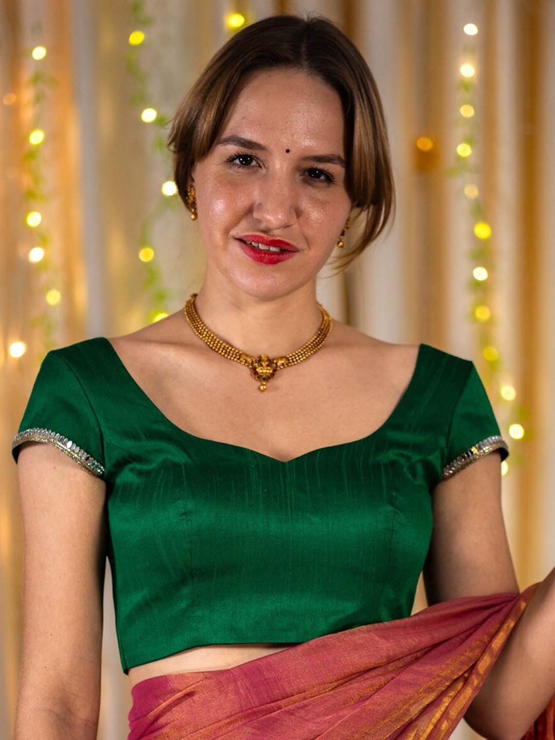 

I LOVE SAREES Embellished Silk Mirror Work Saree Blouse, Green