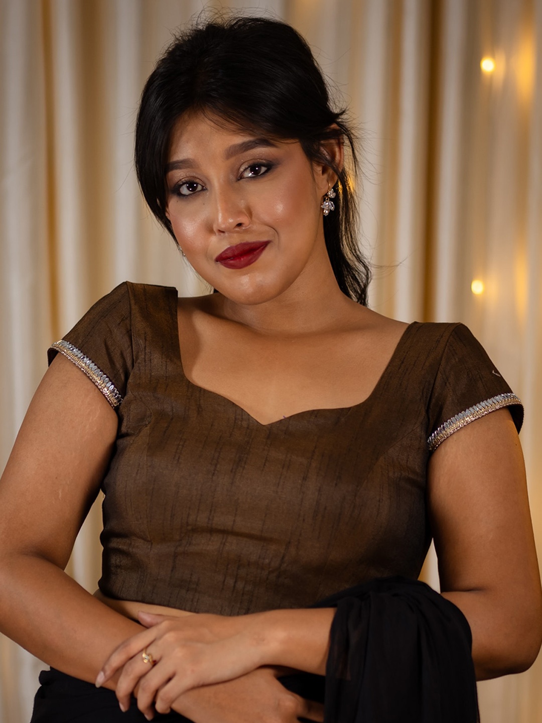 

I LOVE SAREES Cap Sleeves Saree Blouse, Brown
