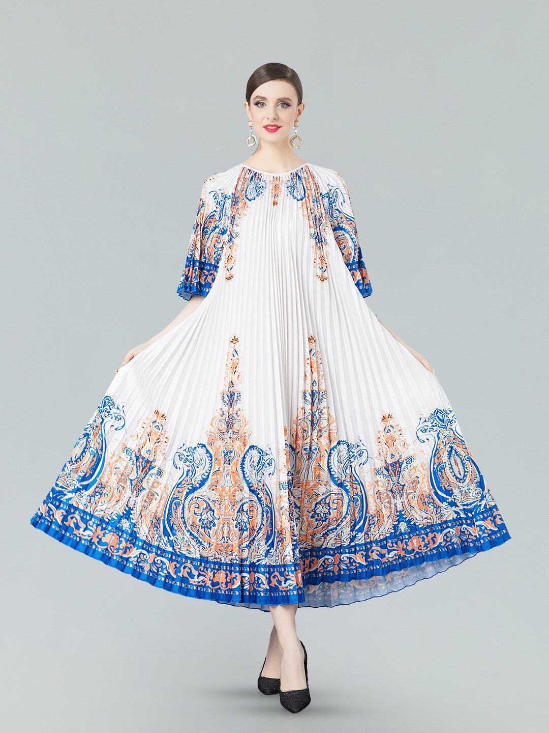 

JC Collection Ethnic Motifs Printed Flared Sleeves A-Line Maxi Dress, White