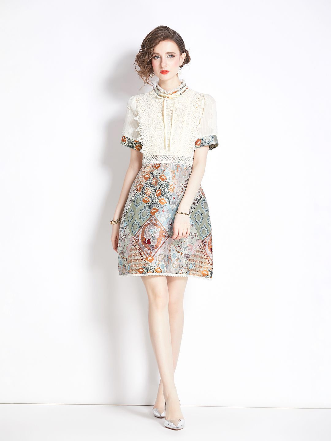 

JC Collection Floral Printed Mandarin Collar Puff Sleeves Schiffli & Lace-Up A-Line Dress, Beige