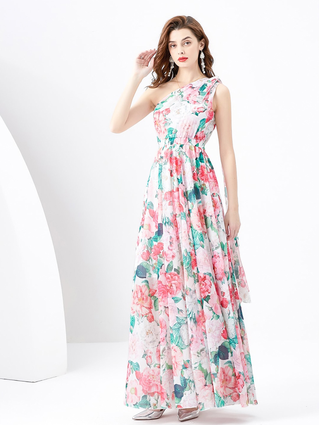 

JC Collection Floral Printed One Shoulder Maxi Dress, White