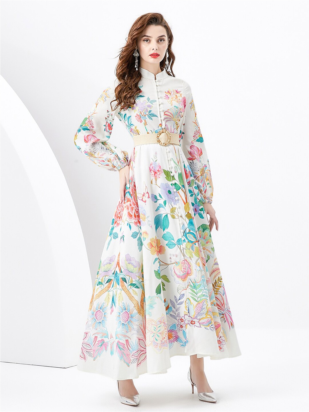 

JC Collection Floral Printed Puff Sleeve Maxi Dress, White