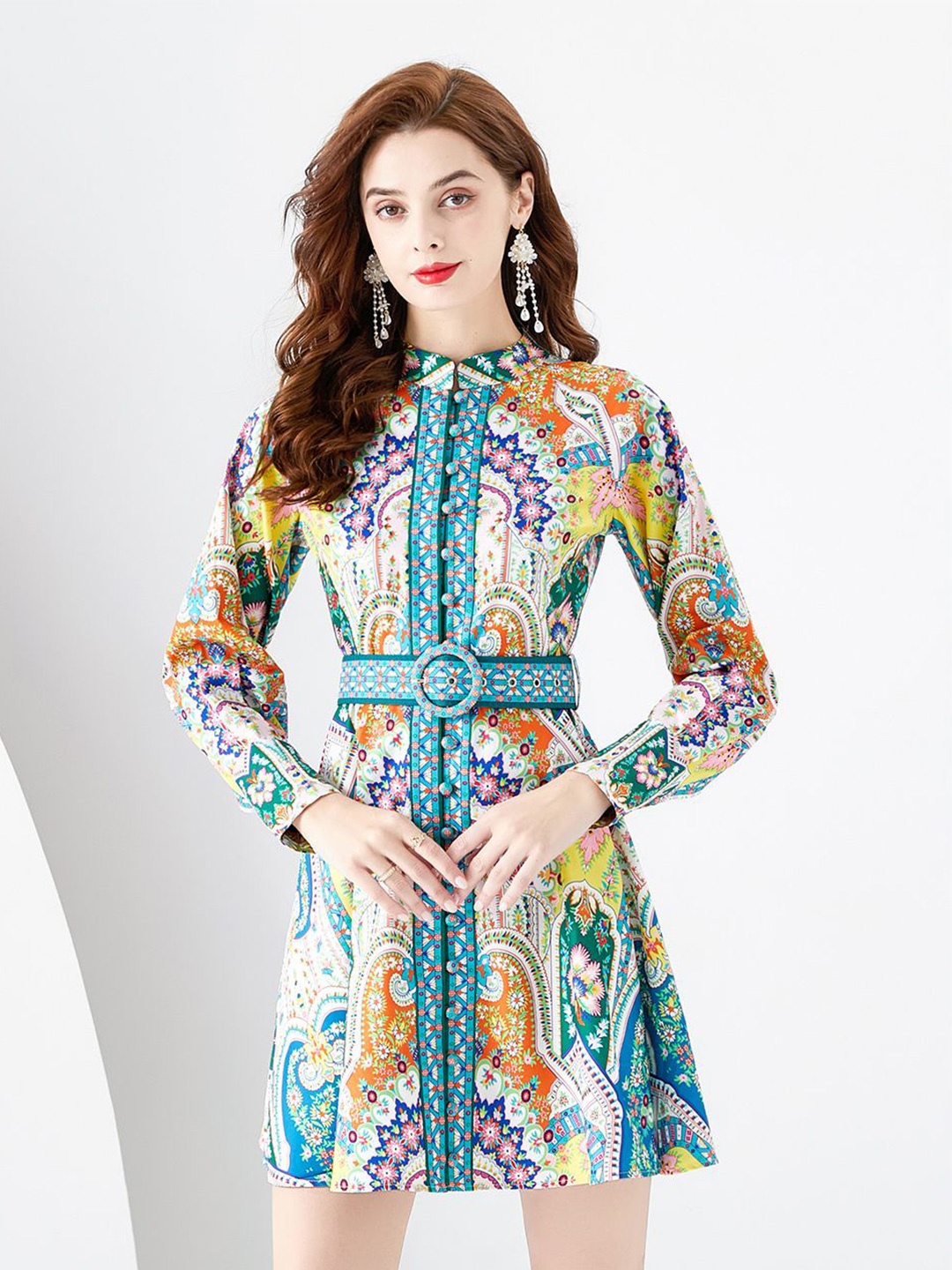 

JC Collection Ethnic Motifs Printed Mandarin Collar A-Line Dress, White