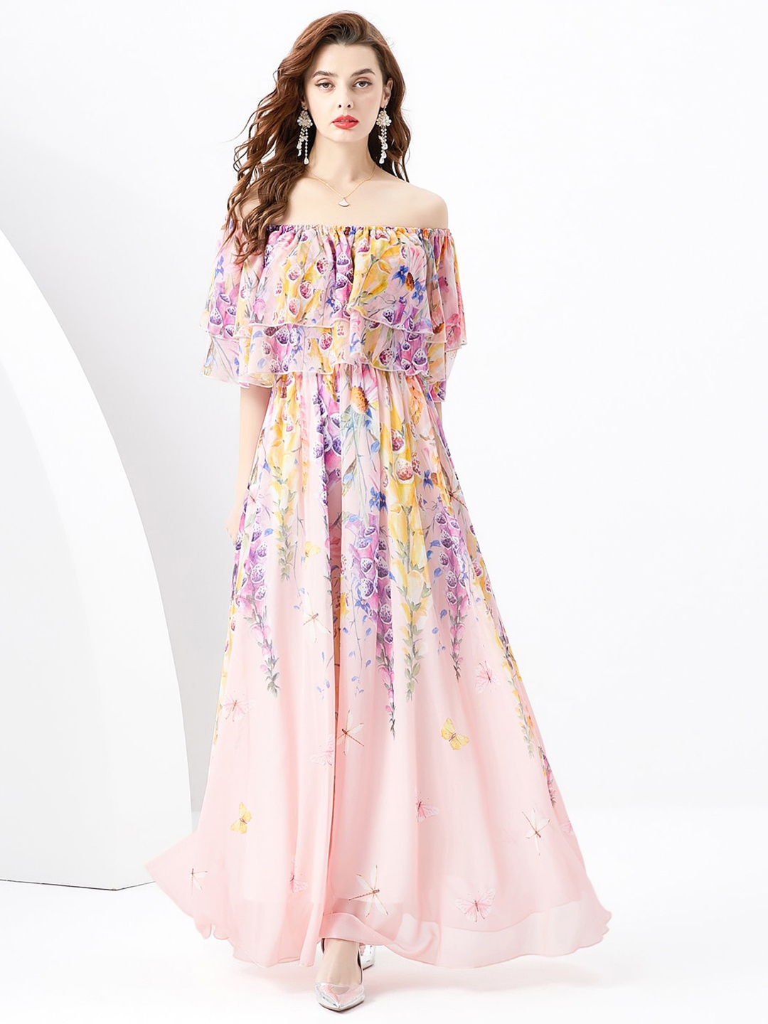 

JC Collection Floral Printed Off-Shoulder Cape Sleeves Maxi Dress, Pink