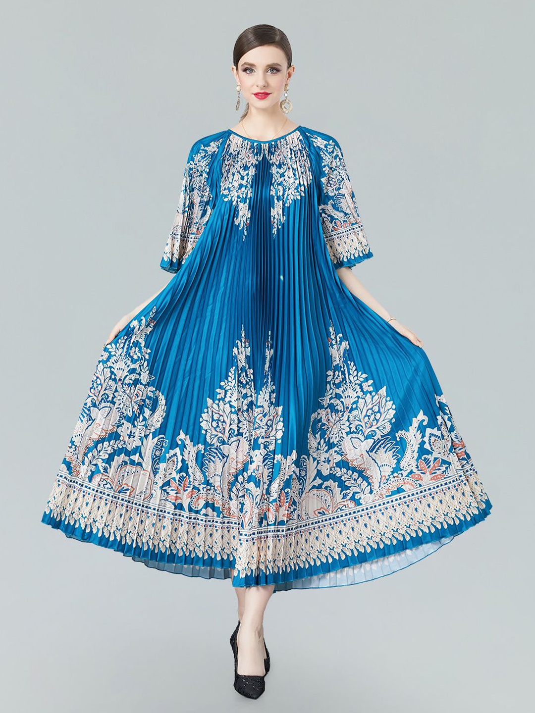 

JC Collection Ethnic Motifs Printed Flared Sleeves Accordion Pleats A-Line Maxi Dress, Blue