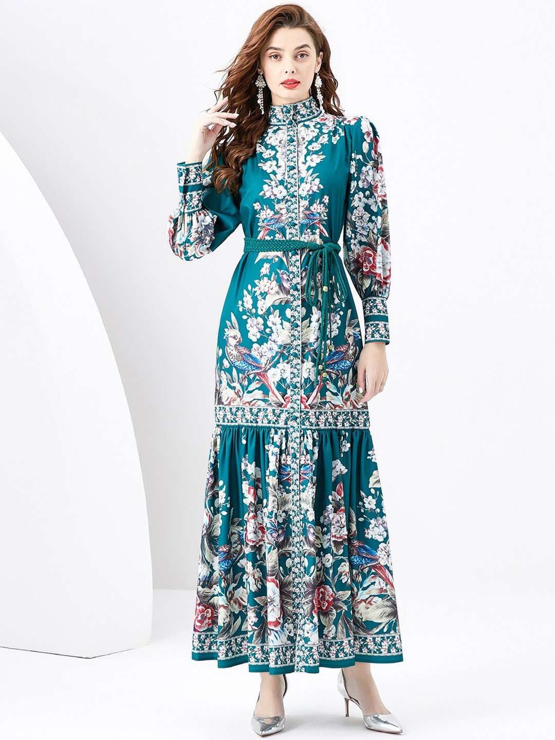 

JC Collection Floral Printed Mandarin Collar Cuffed Sleeves Tiered & Tie-Ups Maxi Dress, Green