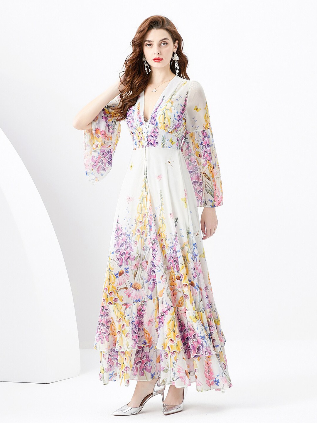 

JC Collection Floral Printed V-Neck Maxi Dress, White