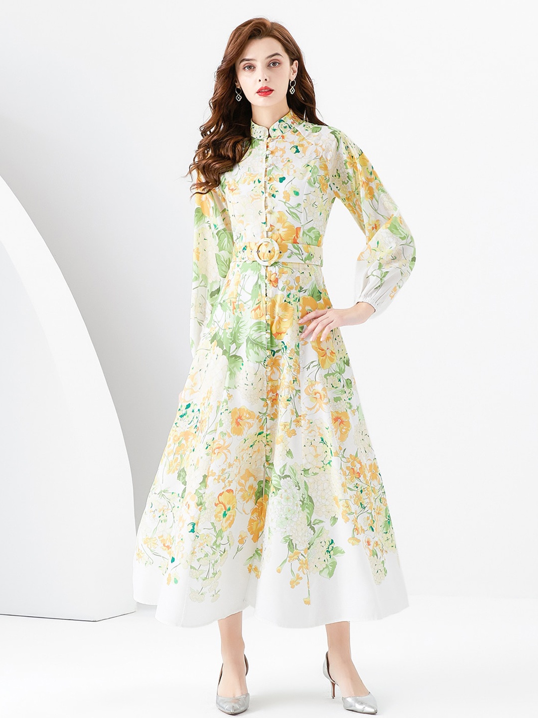 

JC Collection Floral Printed Mandarin Collar Fit & Flare Midi Dress, Yellow
