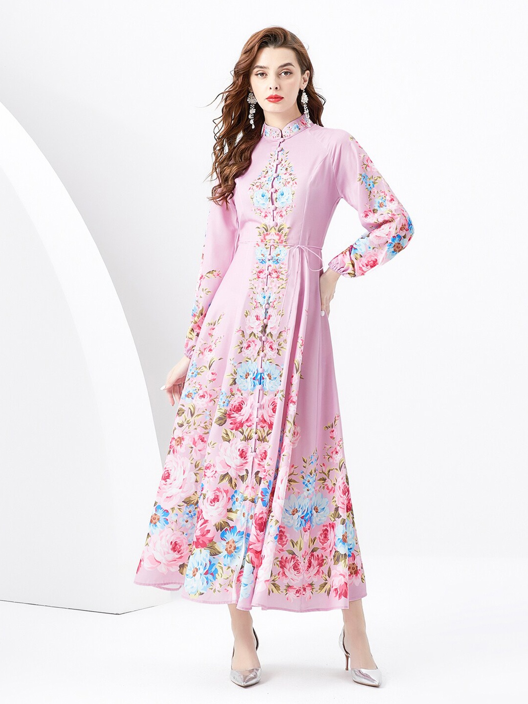 

JC Collection Floral Printed Mandarin Collar Cuffed Sleeves Tie-Ups A-Line Midi Dress, Pink