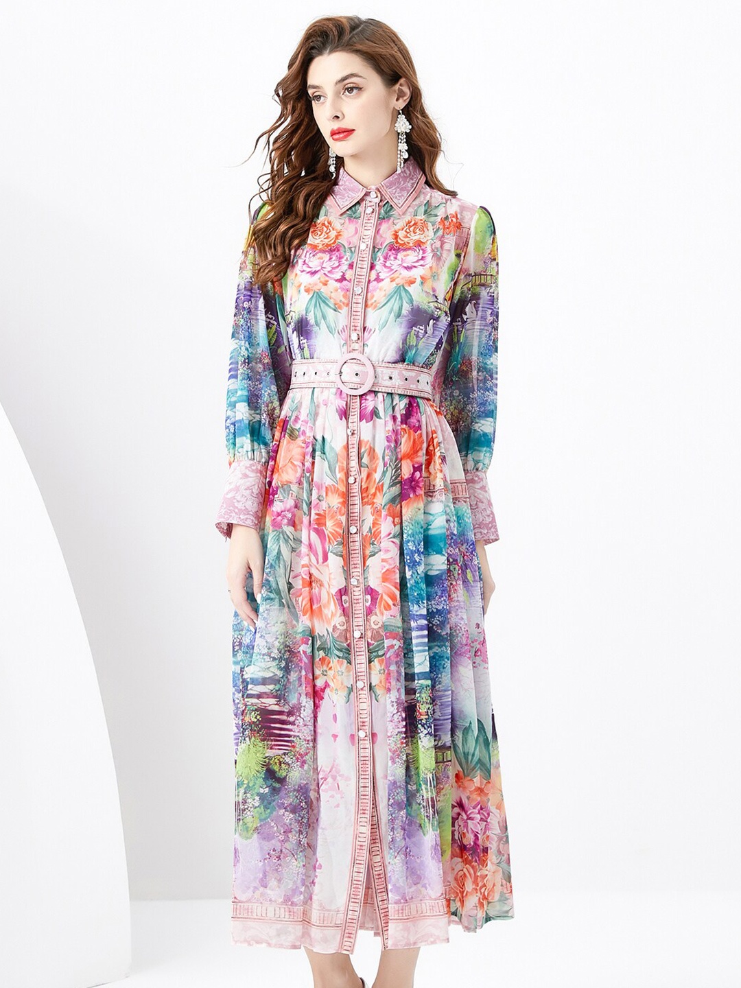 

JC Collection Floral Printed Shirt Collar Cuffed Sleeves Belted Detail Shirt Midi Dress, Pink