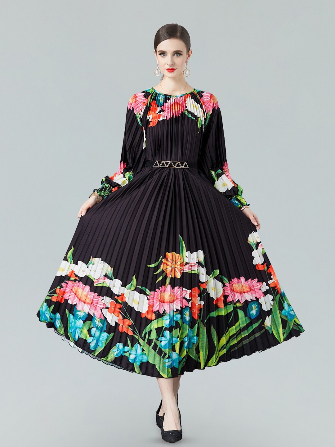 

JC Collection Floral Printed Cuffed Sleeves Accordion Pleats Fit & Flare Midi Dress, Black