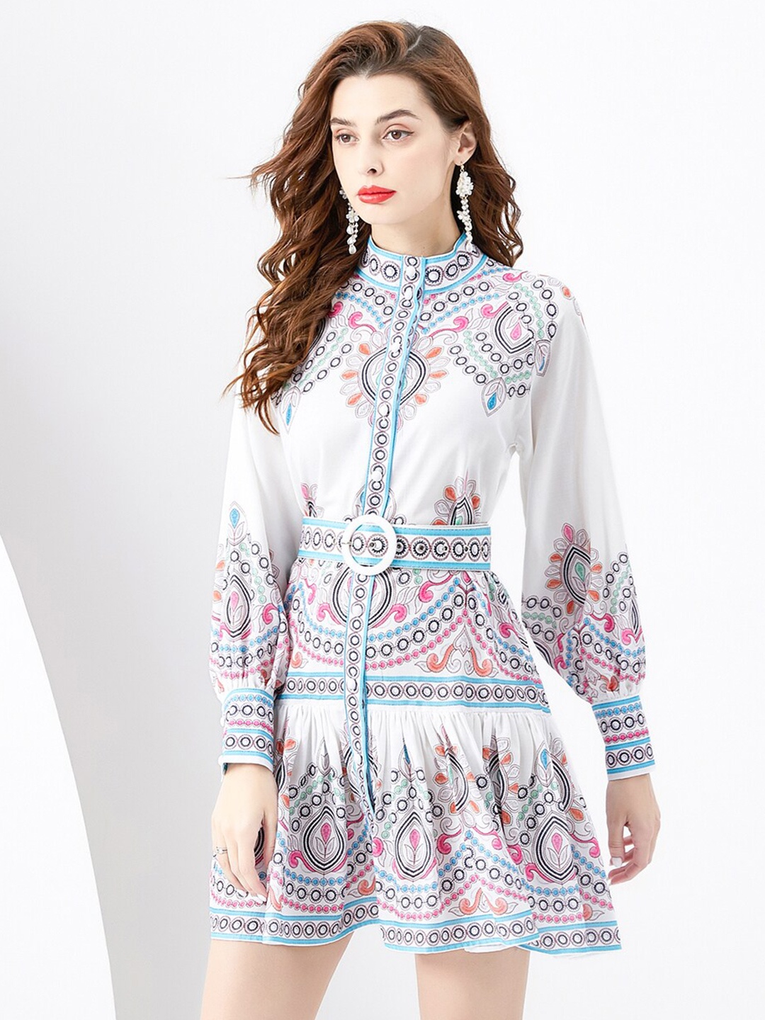 

JC Collection Ethnic Motifs Printed Mandarin Collar Cuffed Sleeves Fit & Flare Mini Dress, White