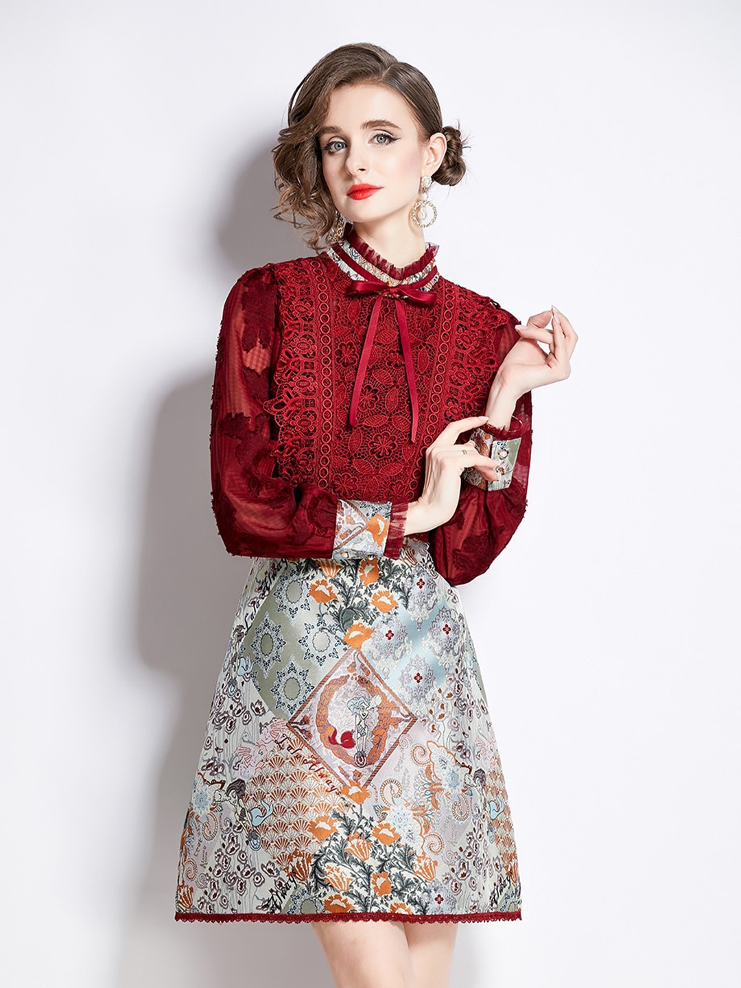 

JC Collection Floral Printed Mandarin Collar Cuffed Sleeves Lace-Up A-Line Mini Dress, Maroon