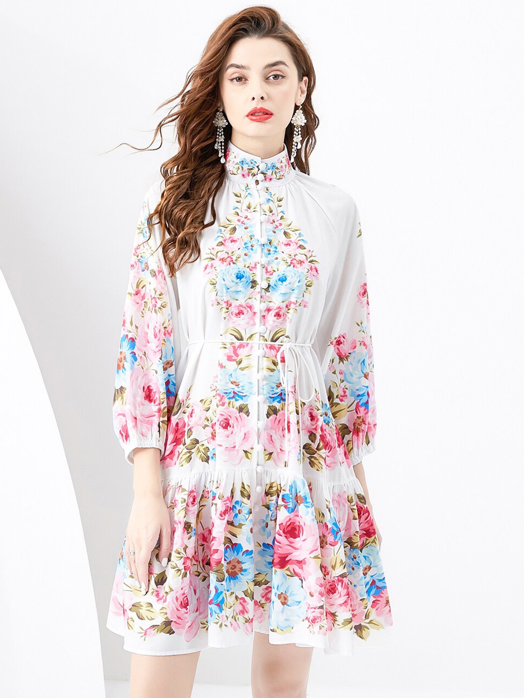 

JC Collection Floral Printed Mock Neck Puff Sleeves A-Line Dress, White