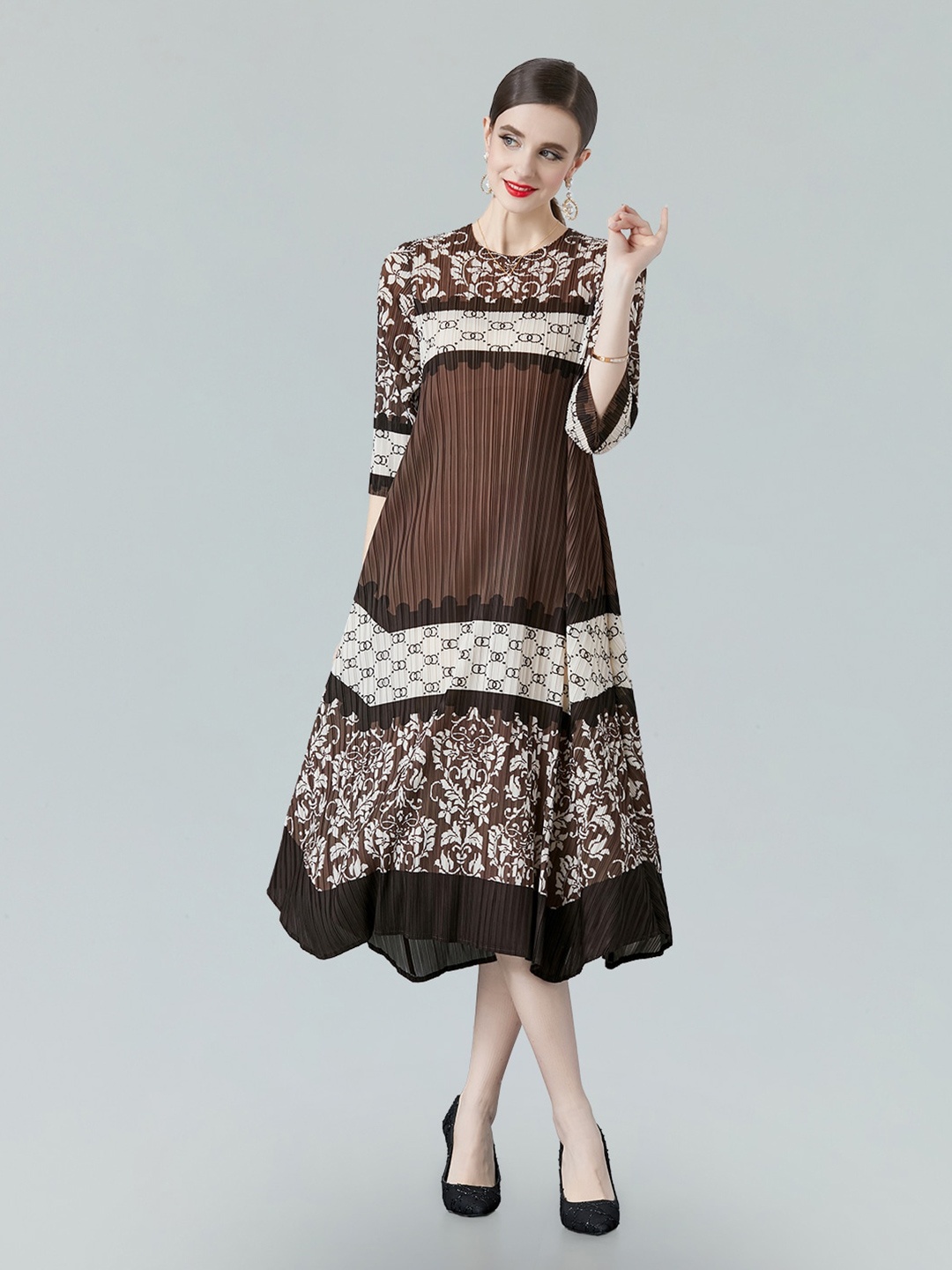 

JC Collection Ethnic Motifs Printed A-Line Midi Dress, Coffee brown