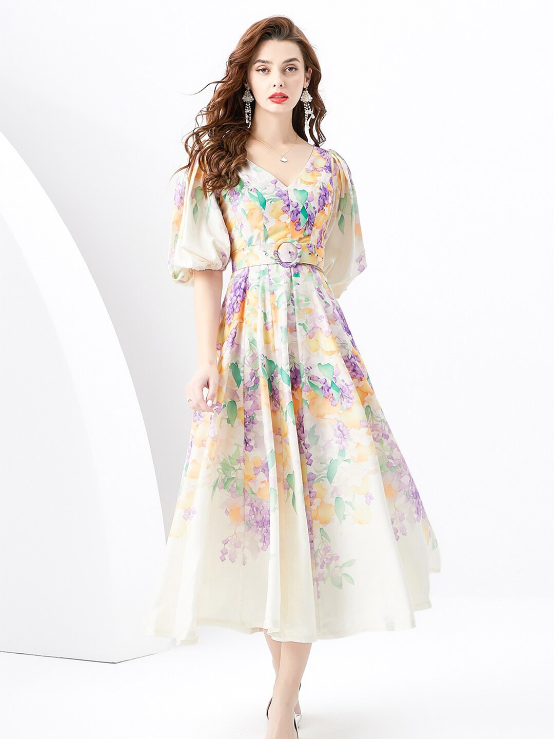 

JC Collection Floral Printed Flared Sleeve Fit & Flare Maxi Dress, White