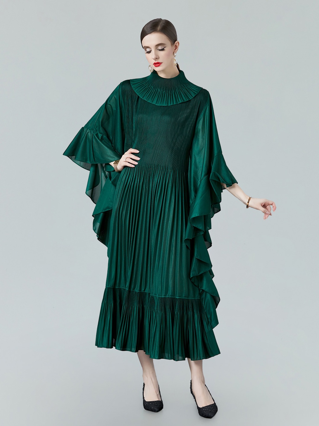 

JC Collection Self Design Mock Neck Flared Sleeves Tiered & Pleated A-Line Midi Dress, Green