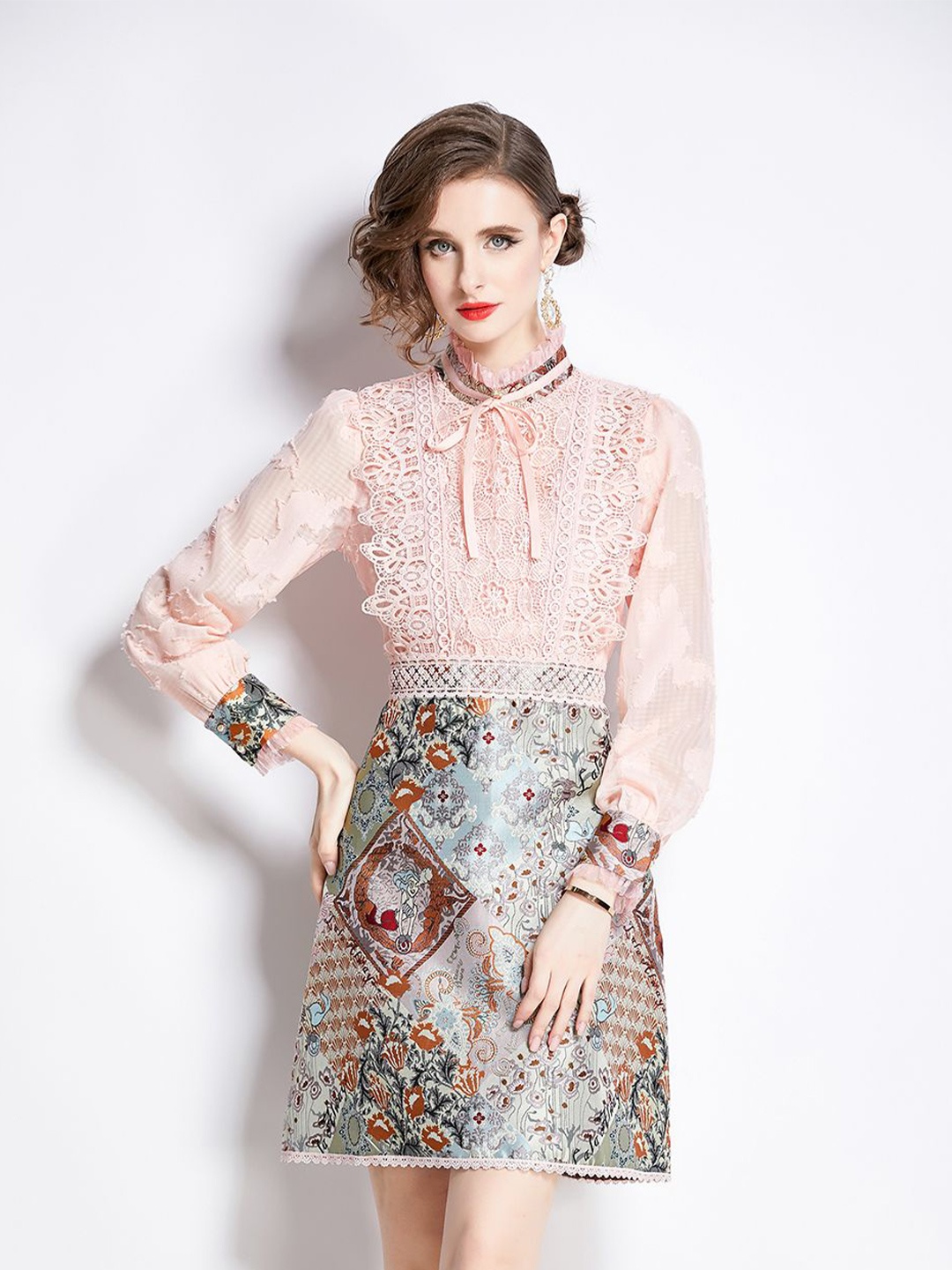 

JC Collection Ethnic Motifs Printed Mandarin Collar Cuffed Sleeves A-Line Mini Dress, Pink