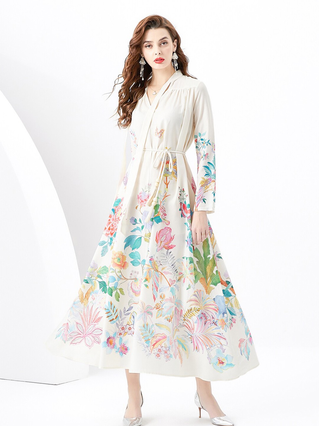 

JC Collection Floral Printed Tie-Up Neck Maxi Dress, Off white