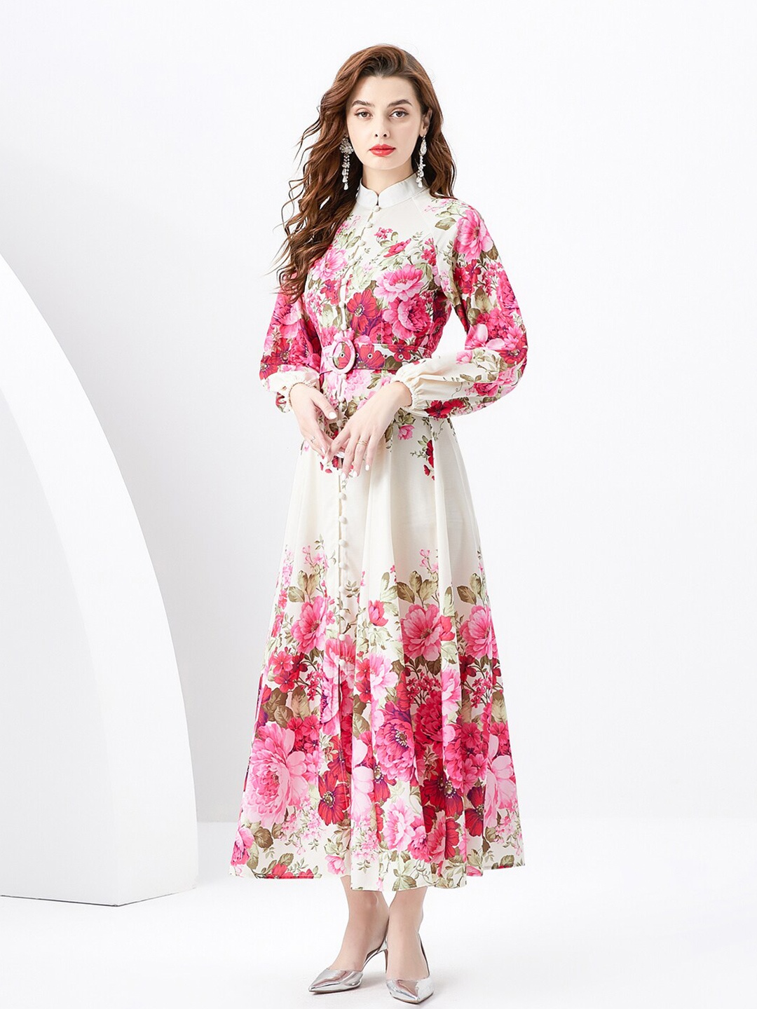 

JC Collection Floral Printed Mandarin Collar Maxi Dress, White