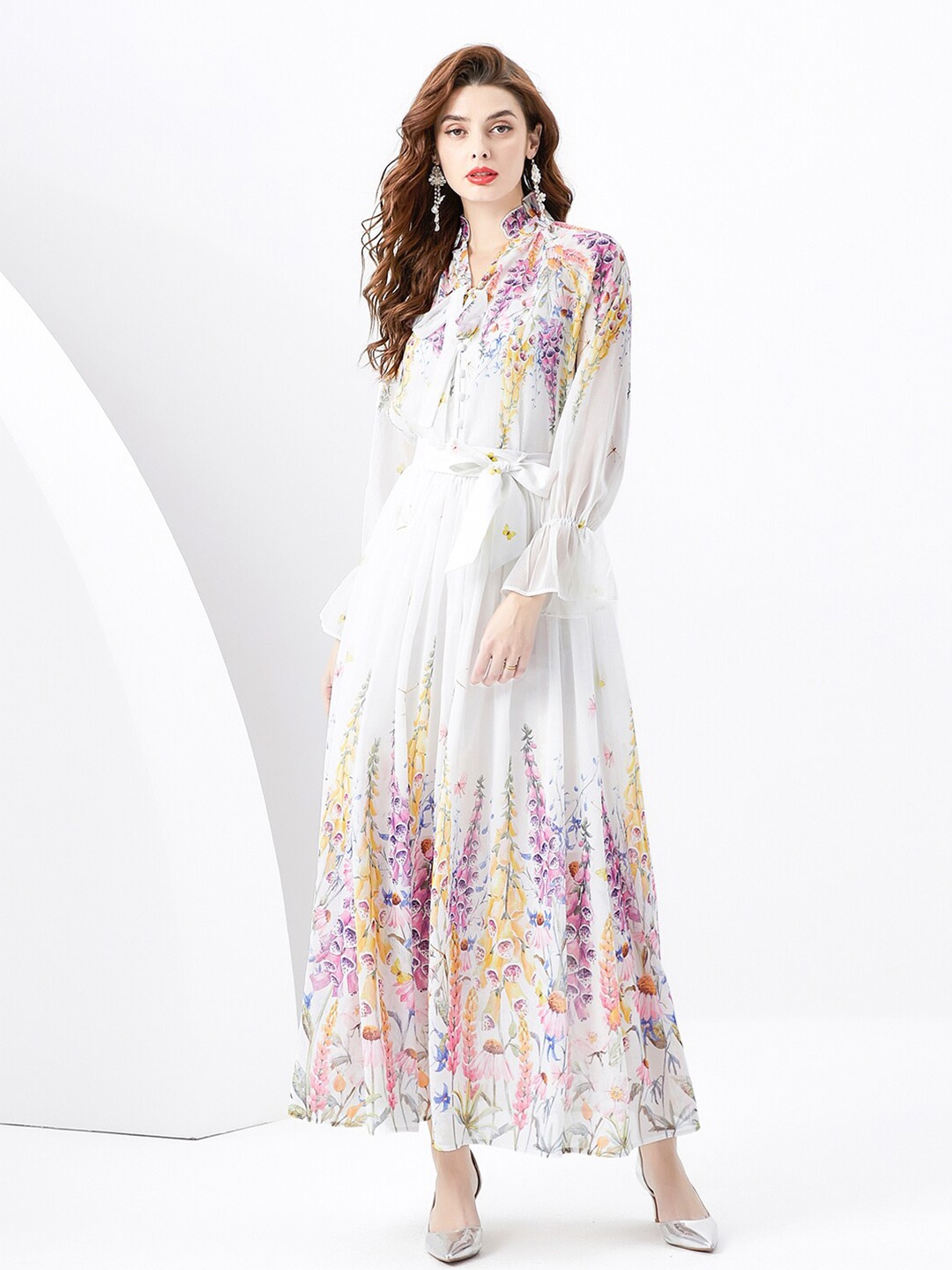 

JC Collection Floral Printed Mandarin Collar A-Line Midi Dress, White