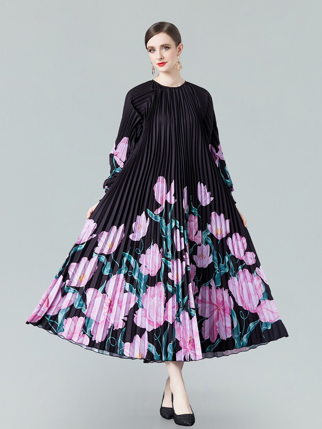 

JC Collection Floral Printed A-Line Midi Dress, Black