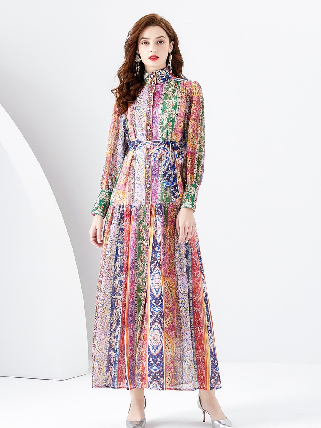 

JC Collection Ethnic Motifs Printed Band Collar Maxi Dress, Red