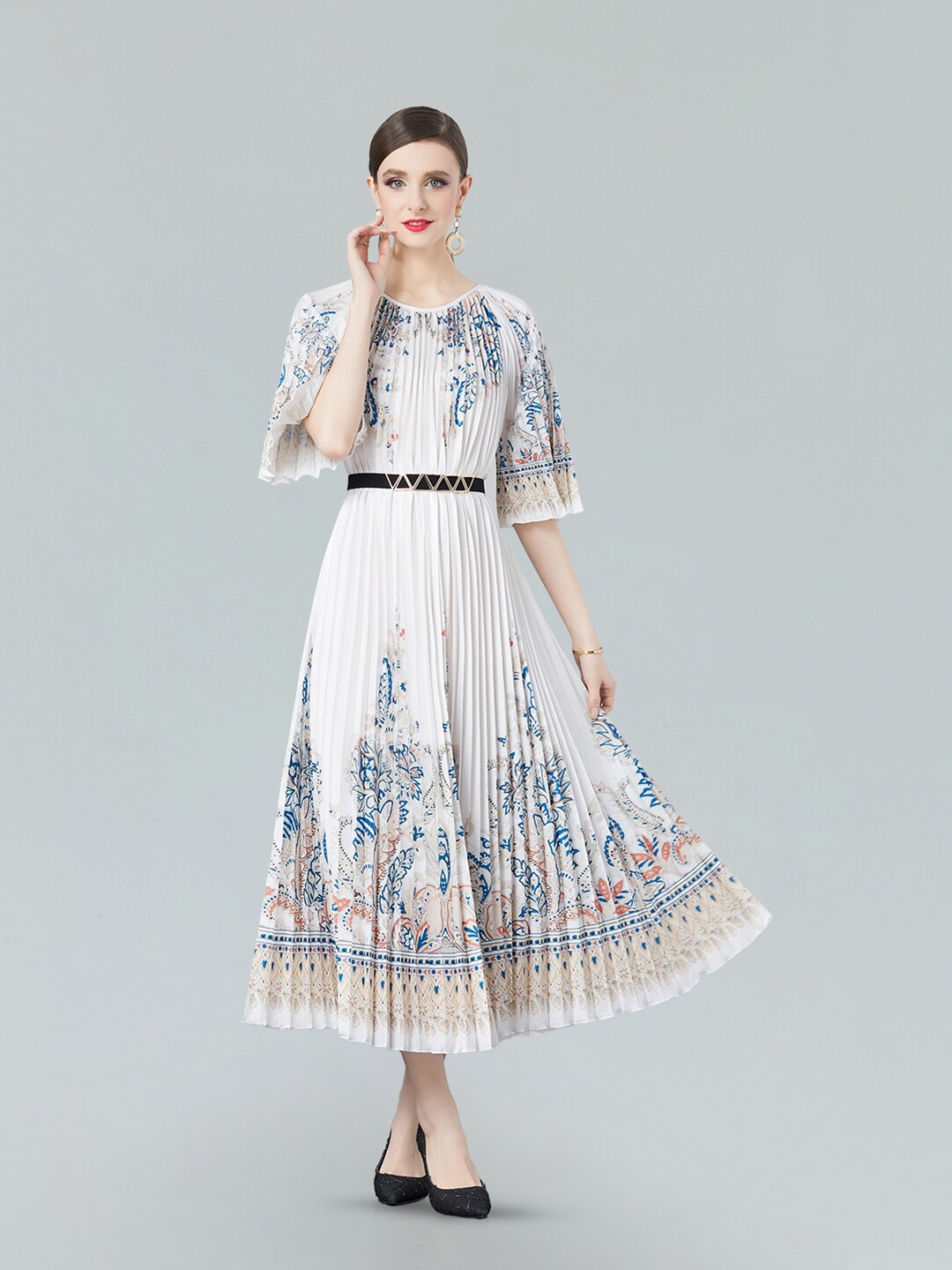 

JC Collection Floral Printed Flared Sleeve Fit & Flare Maxi Dress, White