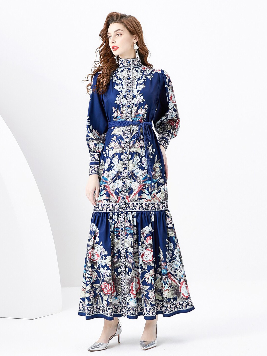 

JC Collection Floral Printed Mandarin Collar Cuffed Sleeves Maxi Dress, Blue