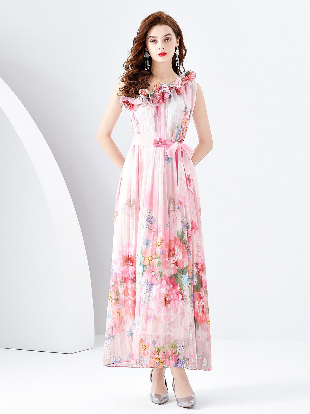 

JC Collection Floral Printed One Shoulder Sleeveless Ruffles & Tie-Ups Detail Maxi Dress, Pink
