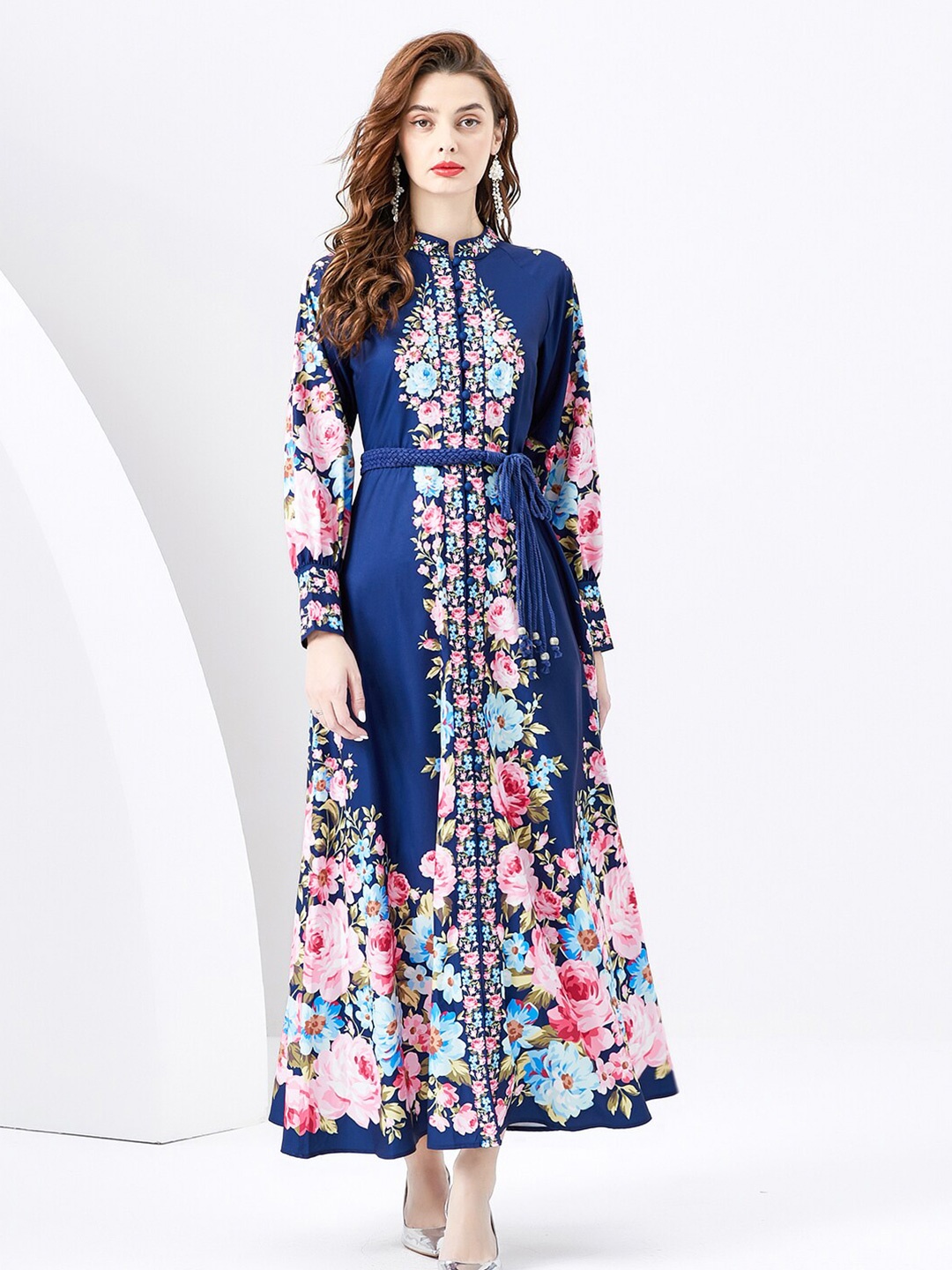 

JC Collection Floral Printed Mandarin Collar Maxi Dress, Navy blue