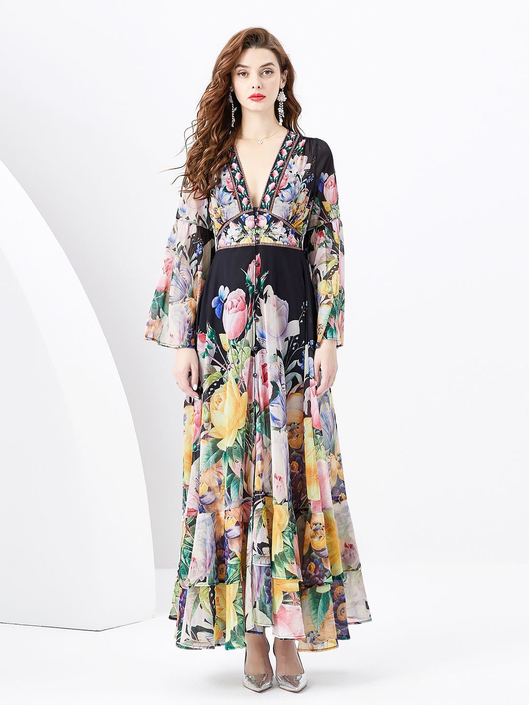 

JC Collection Floral Printed Bell Sleeves Maxi Dress, Black